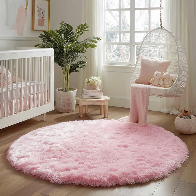 Amdrebio Pink Round Area Rugs 8Ft for Living Room, Bedroom Decor, Soft Large Circle Rug for Kids Room, Teen Girls, Fluffy Big Carpets for Baby Nursery, Dorm, Classroom, Cute Kawaii Princess Carpet