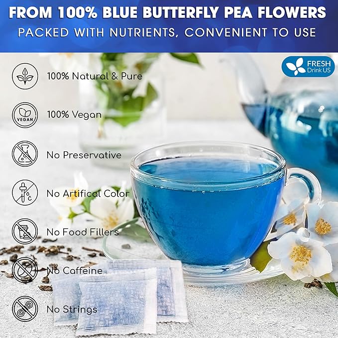 FreshDrinkUS, Premium 55 Tea Bags Blue Butterfly Pea Flowers, 100% Natural and Pure from Butterfly Pea Flowers, Made With Natural Material Tea Bag, No Sugar, No Caffeine, No Gluten, Vegan