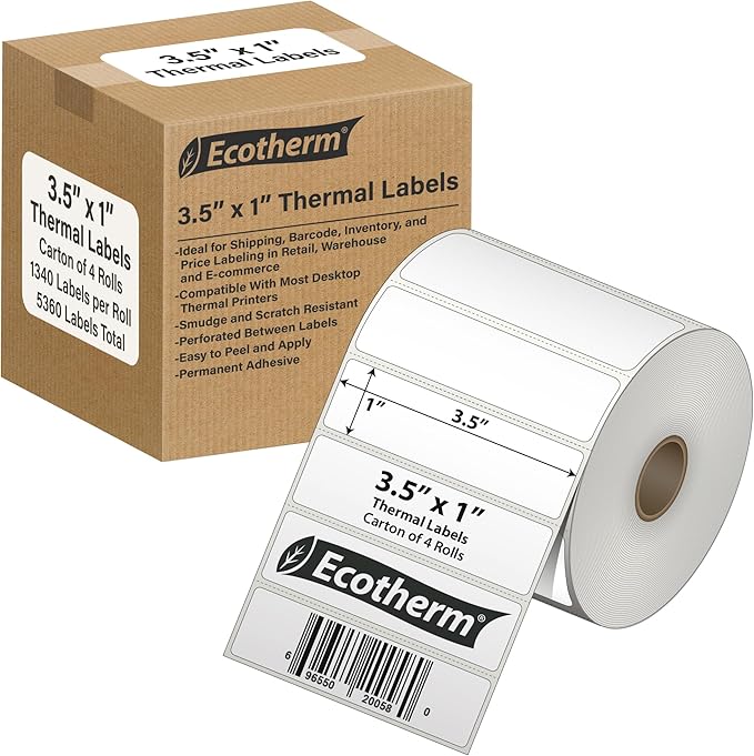 3.5" x 1" Thermal Labels | 4 Rolls | 5360 Labels | fits Zebra, Munbyn, Rollo, Godex, Arkscan, iDPRT, Offnova Thermal Label Printers and More | Blank White Adhesive Stickers by Ecotherm