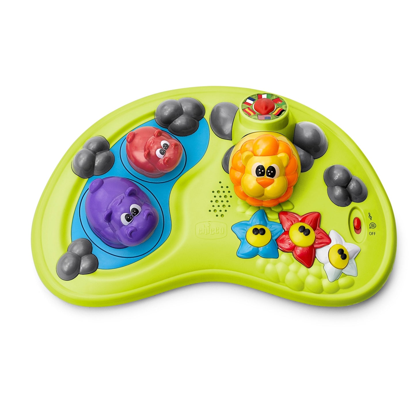 Chicco Walky Talky Foldable Baby Walker, Multilingual Play Tray with Music and Lights, 3 Height Adjustments, Brake Pads, for Children up to 26 lbs., Compact Fold, Circles/Grey/Green