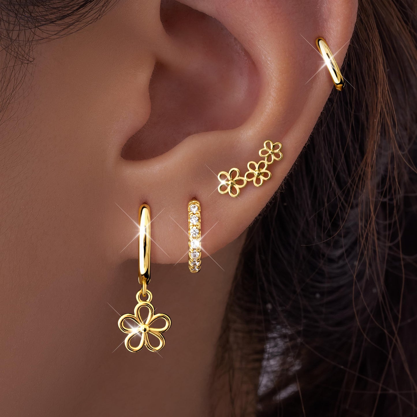 Gold Flower Earrings for Women,Huggie Small Stack Cartilage Stud Hoop Earring Sets for Multiple Double Piercing, Conch Helix Rook Tragus Daith Piercing Gold Clip On Jewelry Set Gifts