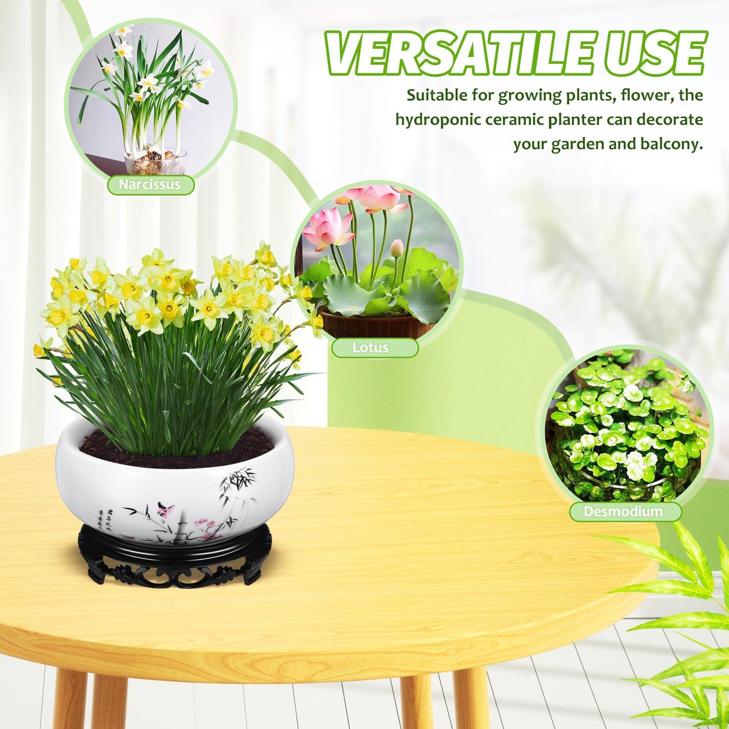 HEMOTON Lotus Bowl Planter, Chinese Style Ceramic Water Lily Pot with Ink Bamboo Pattern, No Drainage Hydroponic Vase for Indoor Plants, Decorative Fish Bowl with Plastic Base