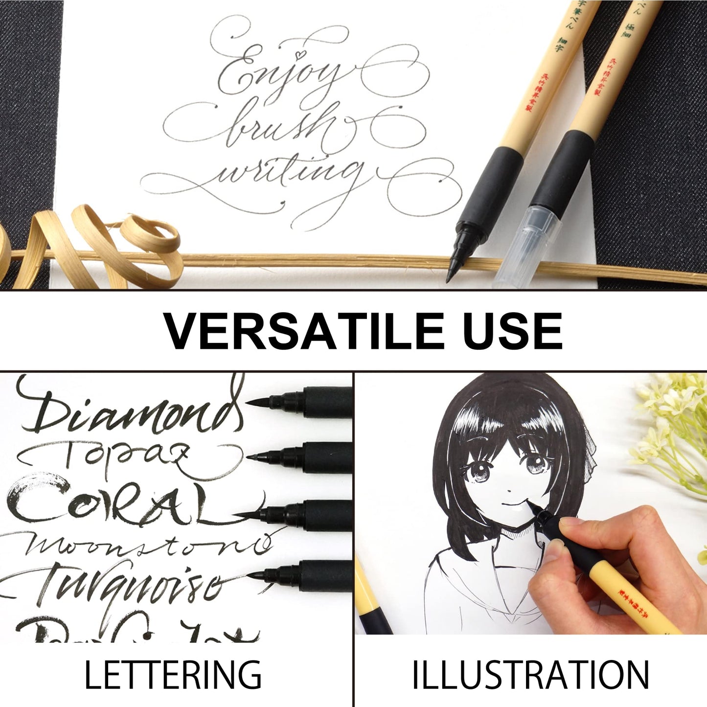 Kuretake Bimoji Brush Pen, 5 pcs set (Extra Fine, Fine, Medium, Large, Medium Brush), great for Calligraphy, Hand lettering and Illustration, for Beginners and Professional, Made in Japan