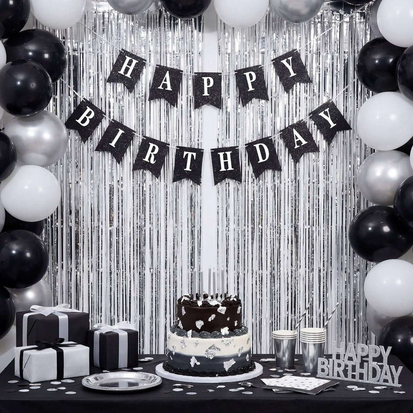 Mooliwe 173 Pcs DIY Custom Banner Kit with 2 Foil Curtain Make Your Own Customizable Letter Banner Sign Decor 20 Paper Pennant 148 Letters Number 1 Rope 2 Threading Device(Classic Style,Black)