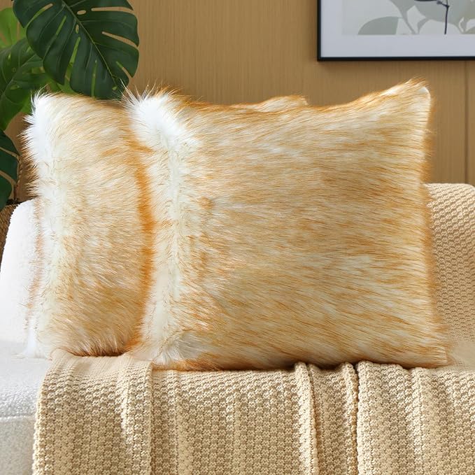 FUTEI Brown White Decorative Throw Pillow Covers 22x22 Inch Set of 2,Soft Fluffy Faux Fox Fur Textured Cushion Case,Modern Home Decor for Couch Living Room