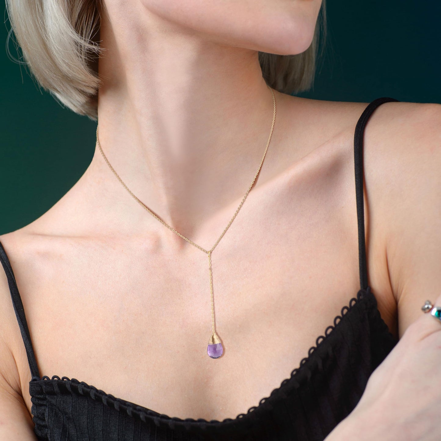 COAI 14K Gold Plated Sterling Silver Drop Dangle Trendy Y Necklace for Women, Amethyst Necklace for Women