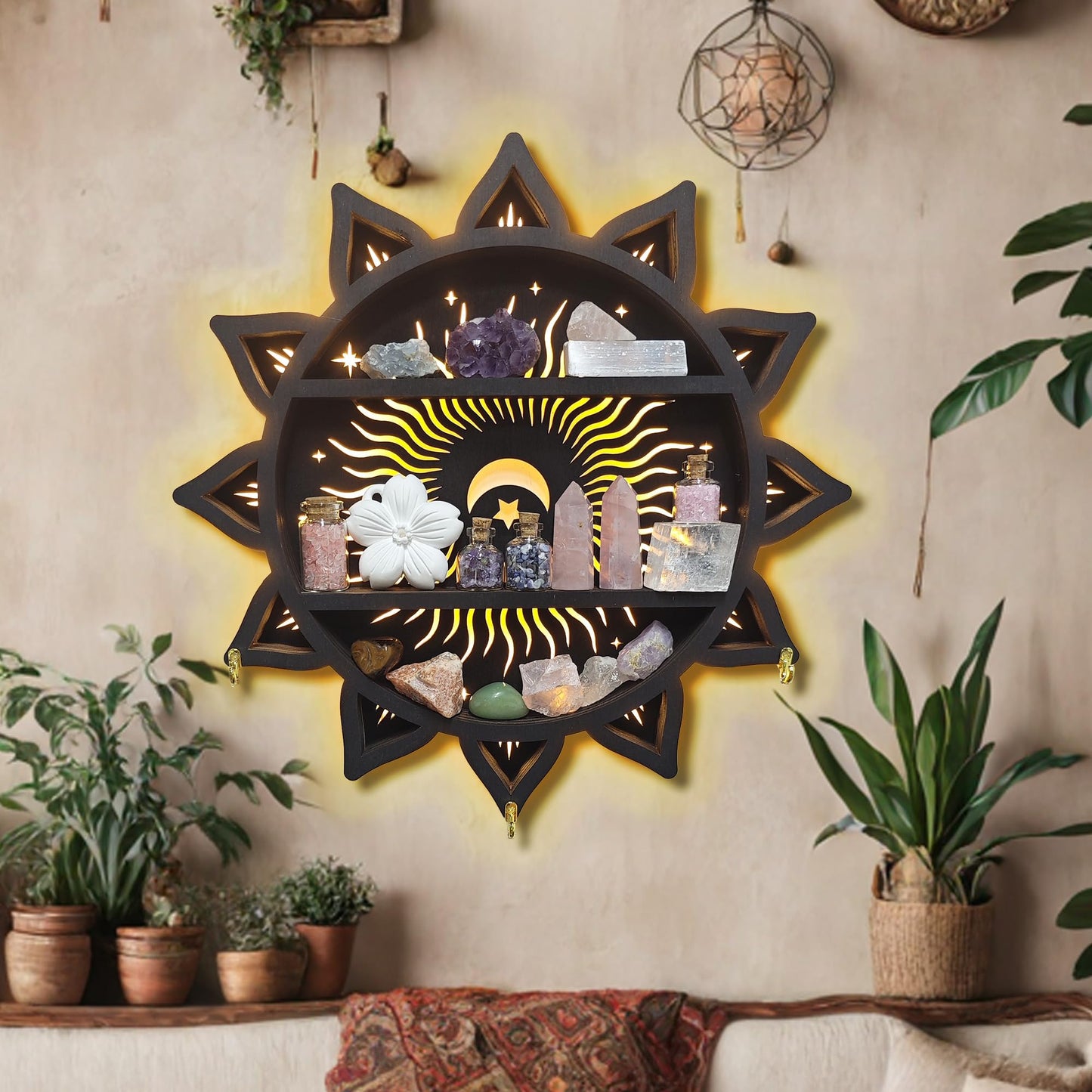 FNYDOX Chakra Lotus Flower Crystal Display Shelf with LED Light, Witchy Home Decor Boho Decorative Wall Mounted Trinket Shelf Wooden Sun Moon Shelf Rock Case Stone Storage Floating Hanging Holder