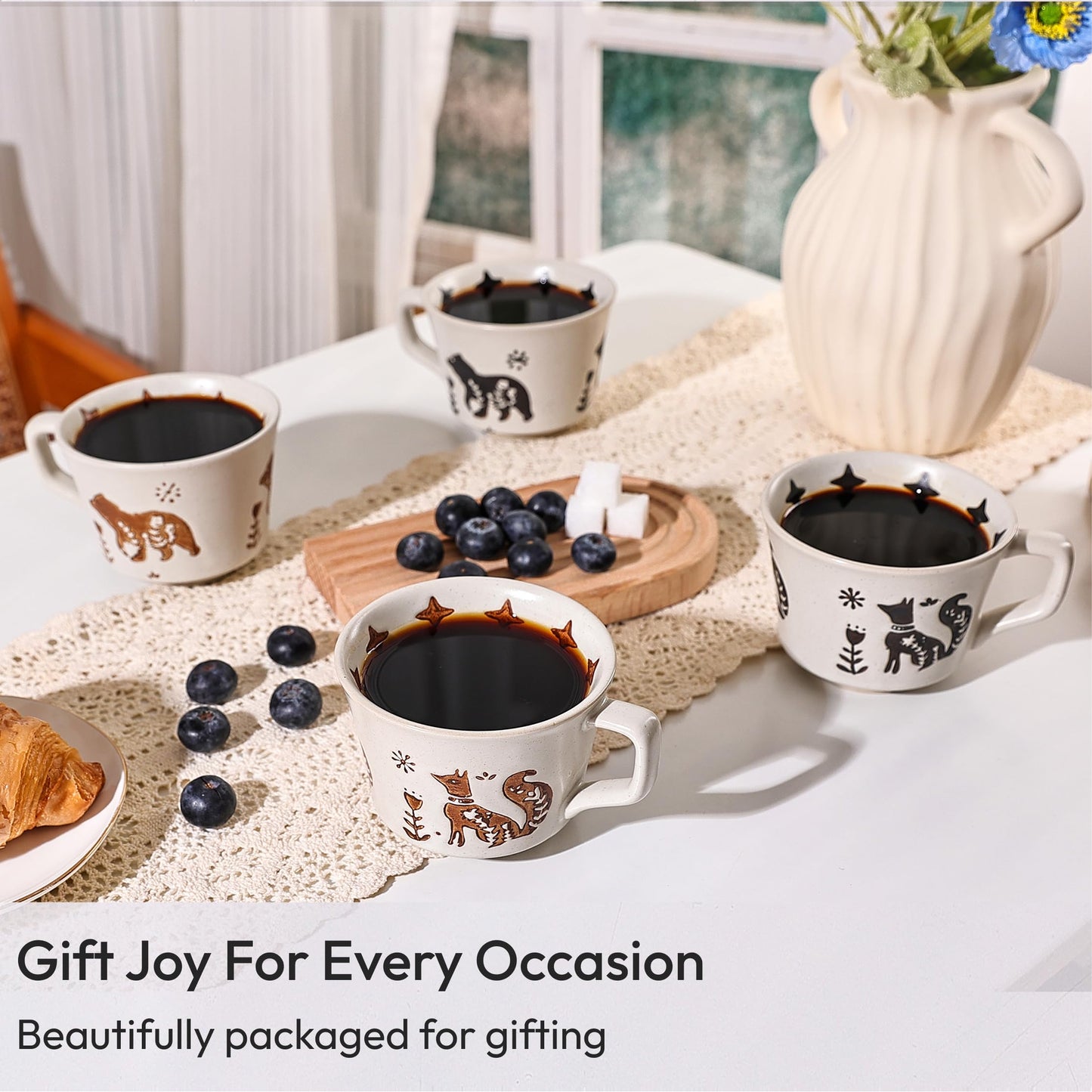 LINVIA Ceramic Coffee Mug, 11 oz Small Novelty Unique Teacup with Handle, Stoneware Cup for Tea Mocha Latte Cappuccino (Set of 4, Fox and Bear)