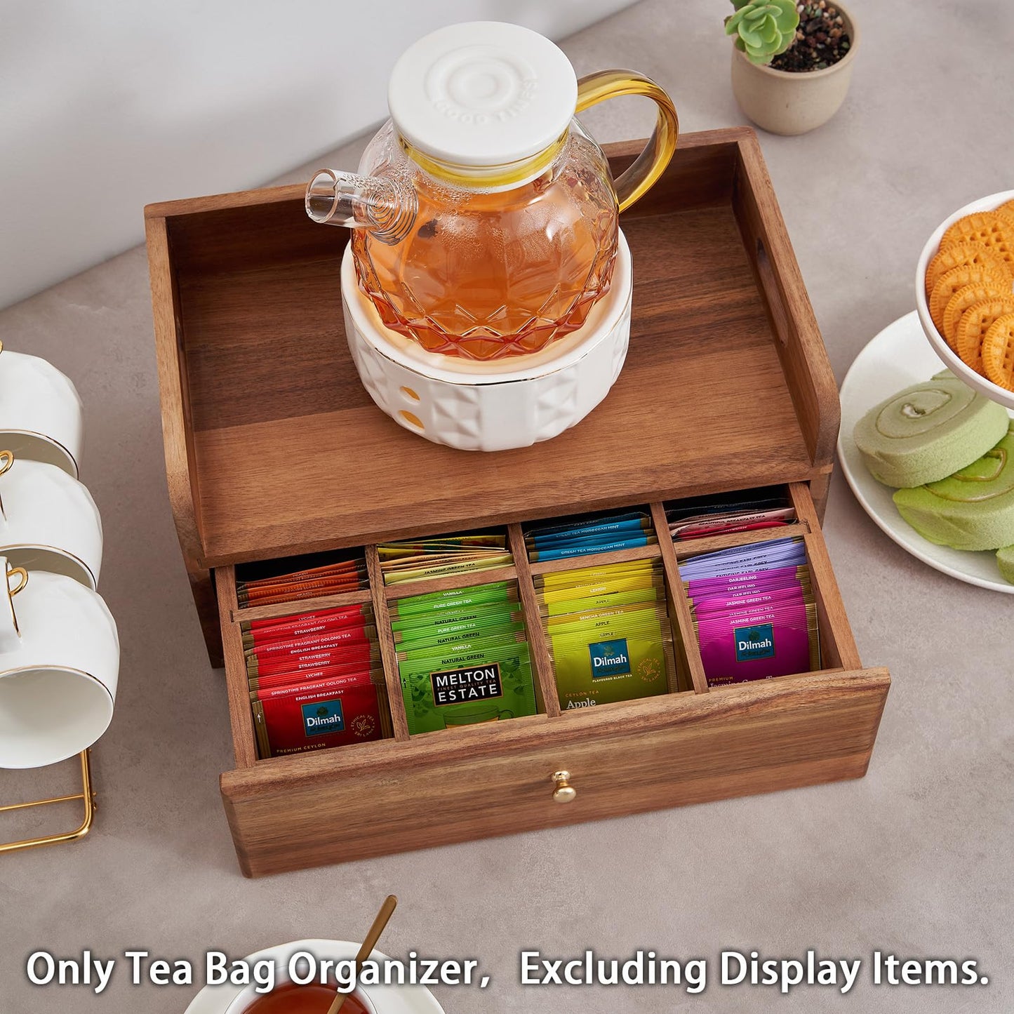 TREELF Acacia Wood Tea Bag Organizer with Drawer - Tea Station Chest and Storage Box, Coffee and Teabag Holder with 8 Compartments, Containers and Boxes for Countertop Display