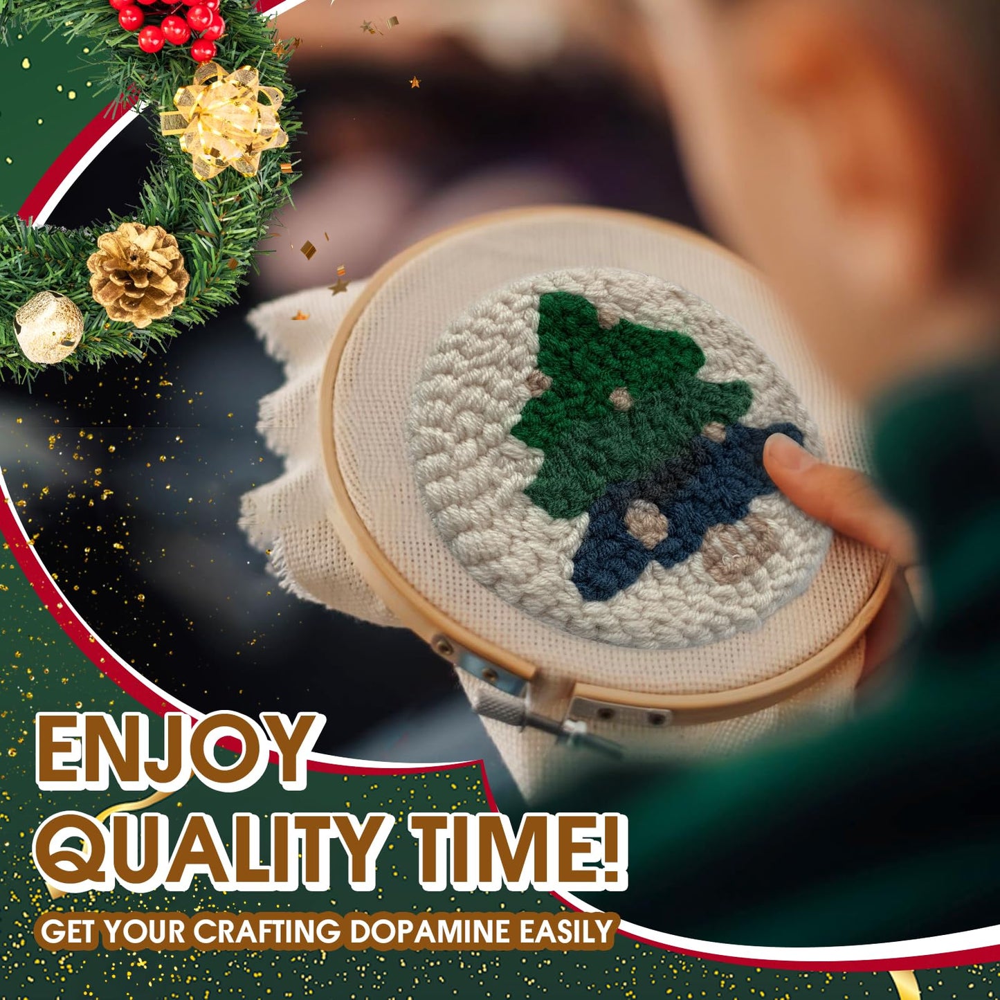 yuegool 6PCS Christmas Punch Needle Coasters Kit - DIY Embroidery Set for Adult Beginners, Holiday Art Craft Supplies with Patterns, Tools, Yarn, Hoop, Instructions, Coaster Holder