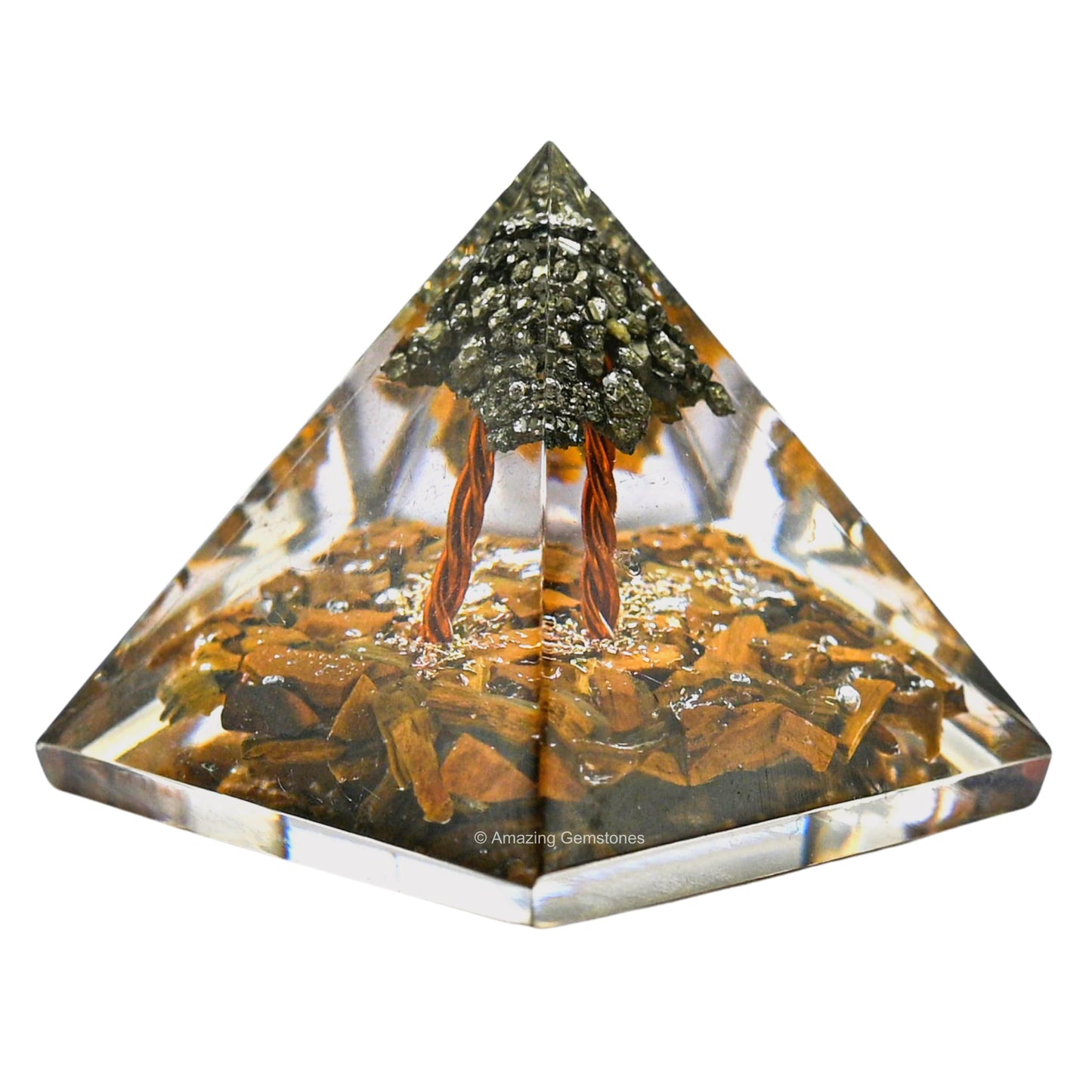 Amazing Gemstone Tiger Eye with Pyrite Tree Orgone Pyramid - 30mm Small Orgonite Pyramids with Crystals and Healing Stones - Authentic Organite Gifts