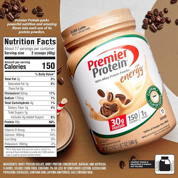 Premier Protein Powder, Cafe Latte, 30g Protein, 1g Sugar, 100% Whey Protein, Keto Friendly, No Soy Ingredients, Gluten Free, 17 Servings, 23.9 Ounce (Pack of 2)