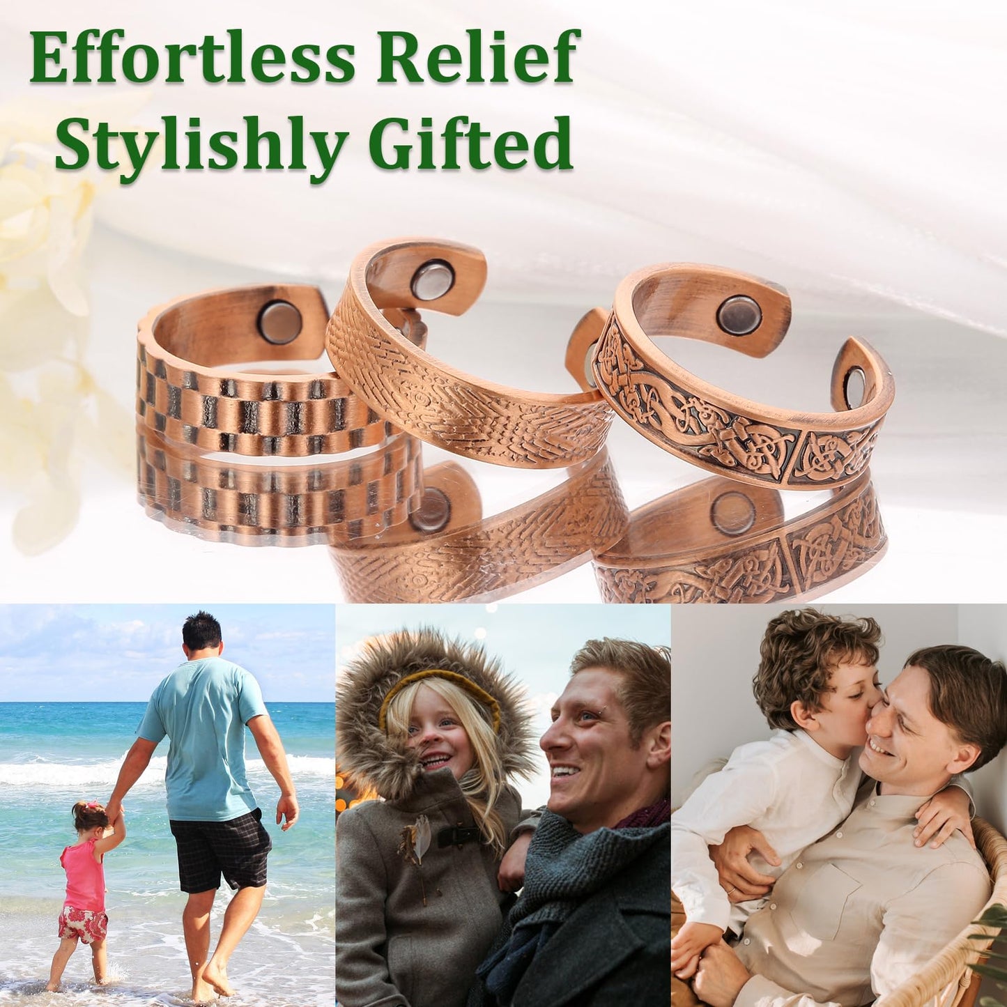 Fashtour 3 Copper Rings for Men, 99.99% Solid Pure Copper, 3pcs 3500 Gauss #9 Rings, Vintage & Cross Pattern Adjustable Cuff Ring