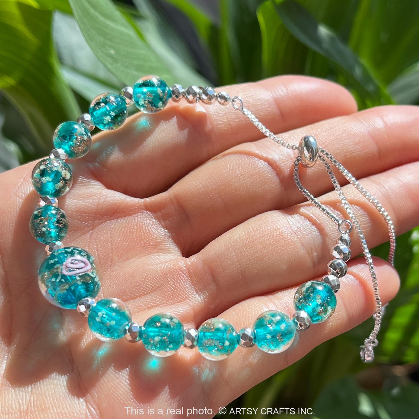 ARTSY CRAFTS INC Glow in The Dark Firefly Beads Bracelets Necklaces, Murano Glass Beads Crystal Birthstone Beaded Jewelry Adjustable Slider Chain (Bracelet-Teal)