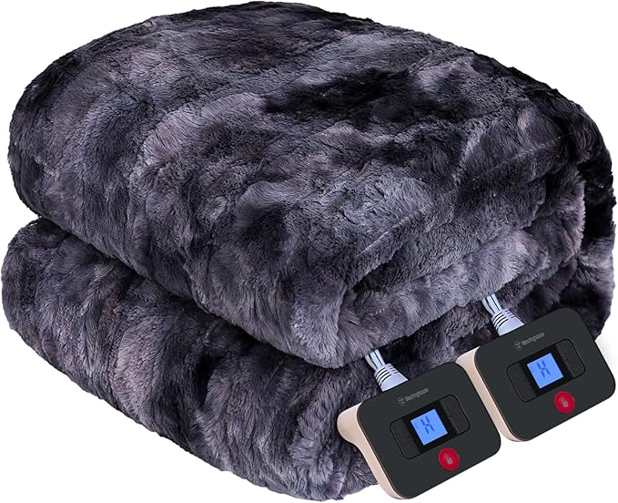Westinghouse Heated Blanket, Faux Fur Electric Blanket with Dual Controller, 10 Heating Levels & 1 to 12 Hours Heating Time Settings, 84"x90", Grey