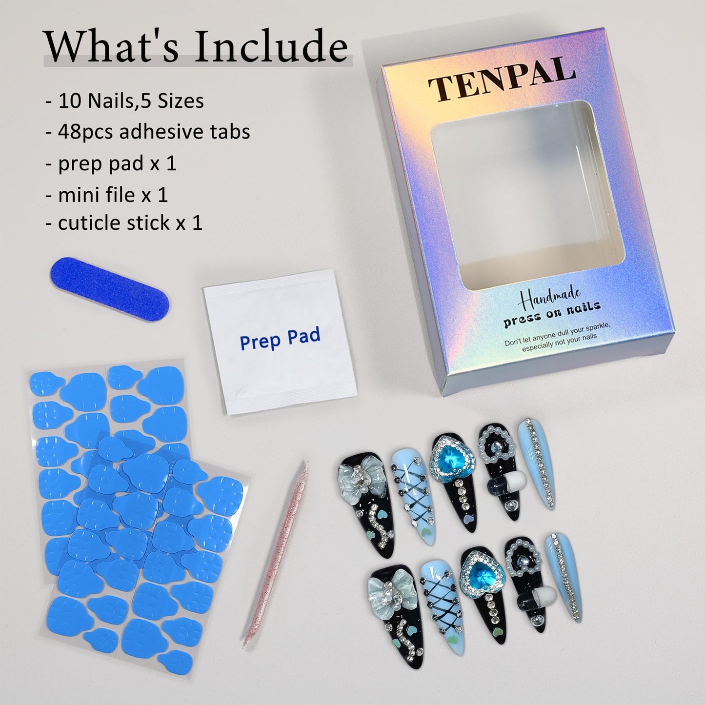 TENPAL 10Pcs Gothic Press On Nails Long Stiletto,Baroque Cameo & Floral Lace French Tip Glue on Nails with 3D Charms,Victorian Gothic Nails w/Tools,Glossy Dark Romantic Fake Nails for Party Event(S)