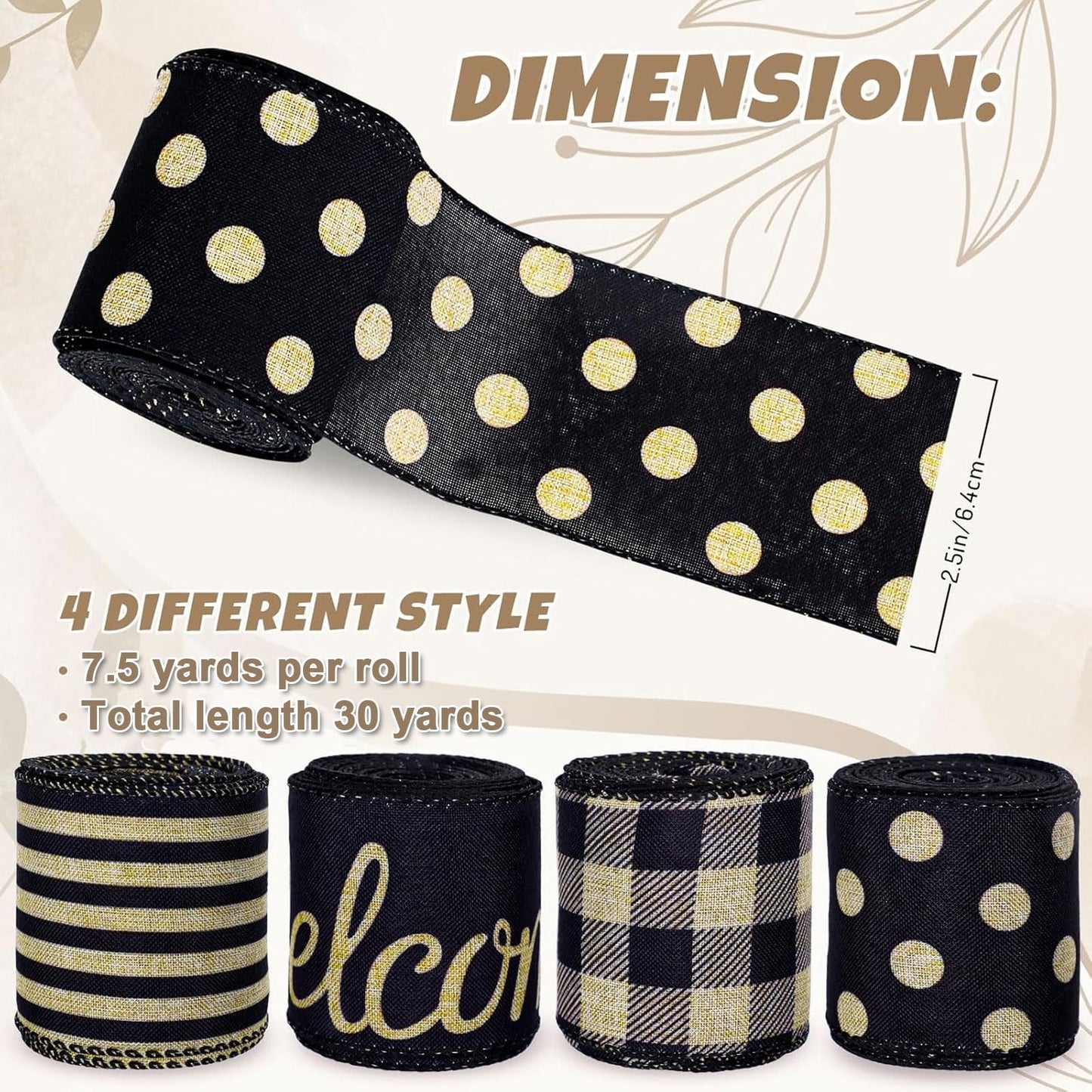 Whaline 30 Yards Halloween Wired Edge Ribbon Welcome Stripe Dot Buffalo Plaids Fabric Ribbon 4 Rolls Rustic Black Wrapping Ribbons for DIY Crafts Wreath Bow Floral Arrangement Decoration