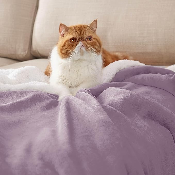 Bedsure Sherpa Fleece Blankets Queen Size for Bed - Thick and Warm, Soft Fuzzy Plush Queen Blanket for Winter, Sea Fog Purple, 90x90 Inches
