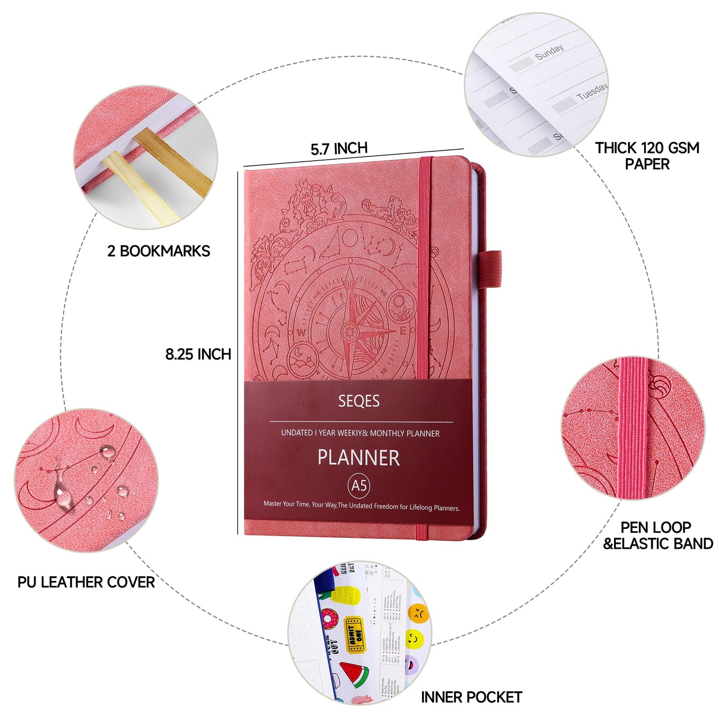 SEQES A5 Undated Planner- Leather Cover with goal tracker,full focus And habit To Increase Productivity organizer And Goal Setting & Reflection Journal | Weekly/Monthly Planner (pink)