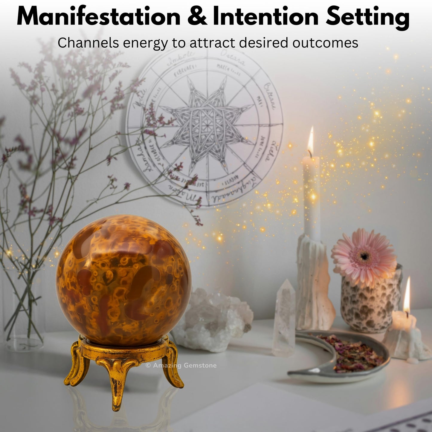 Amazing Gemstone Fruit Jasper Crystal Ball with Stand - 2 Inches Crystal Sphere Meditation Balls for Witchcraft and Decorative Balls
