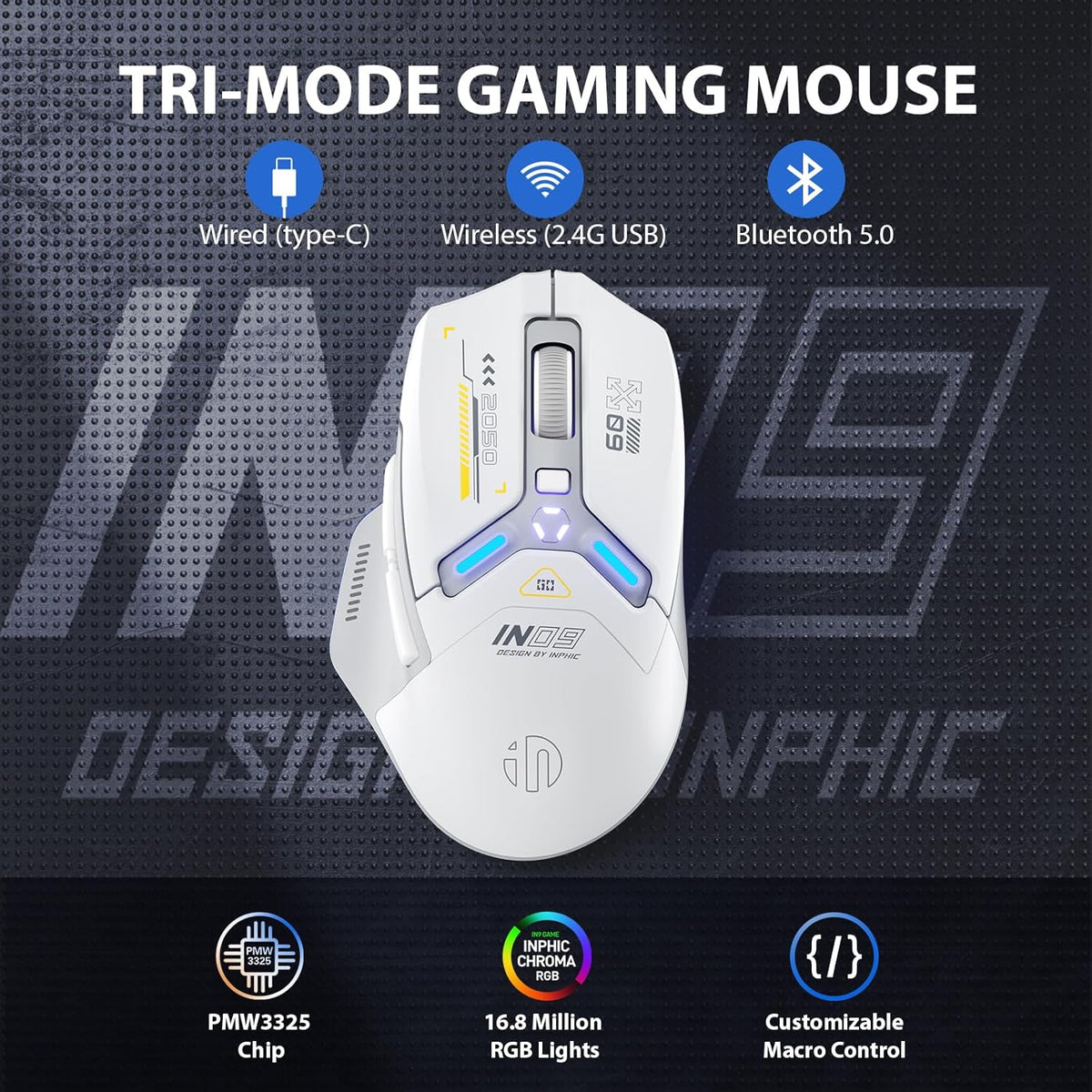 INPHIC IN9 Wireless Gaming Mouse, True Tri-Mode Bluetooth/Type-C Wired/2.4G Wireless Connection, 10000 DPl, Fully Programmable, RGB Backlit, for Laptop PC Mac