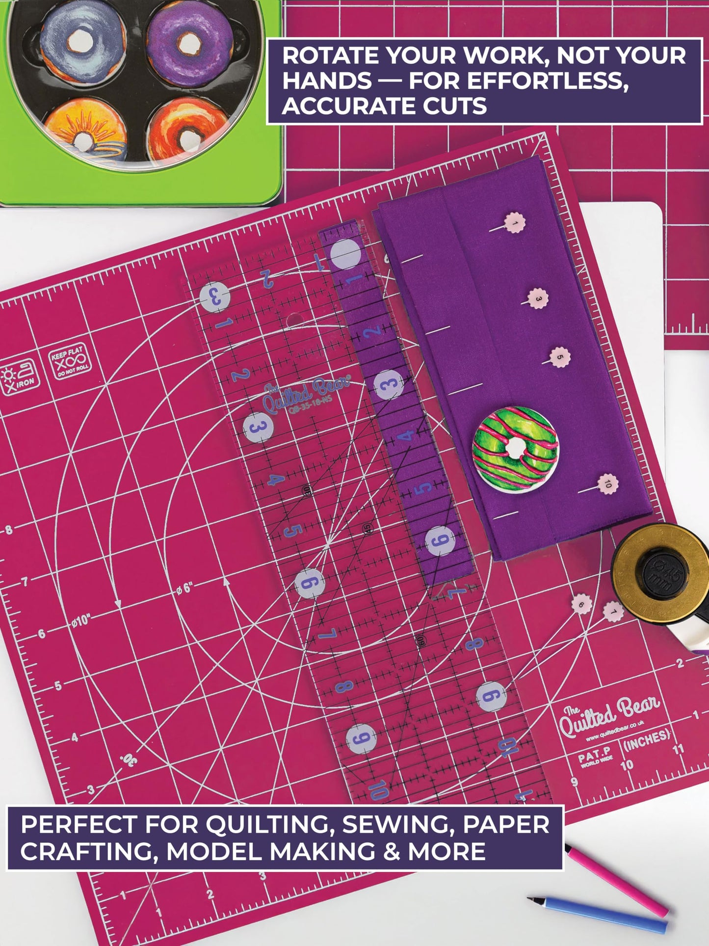 The Quilted Bear Rotating Cutting Mat 12" x 12" - Locking & Rotating Self Healing Cutting Board for Sewing, Fabric & Quilting - 360 Degree Sewing Supplies Mat for Craft Table (Pink)