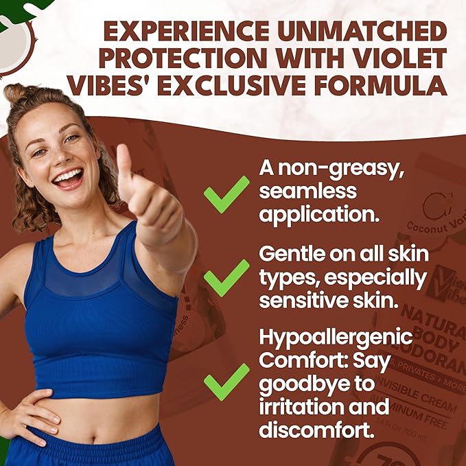 Violet Vibes Deodorant Cream for Women | Hypoallergenic & Gentle On Skin | Noni Leaf Extract, Aluminum-Free, Sensitive Skin, Fresh Odor Control for Whole Body 100mL (3.4 fl oz.) (Coconut Vanilla)
