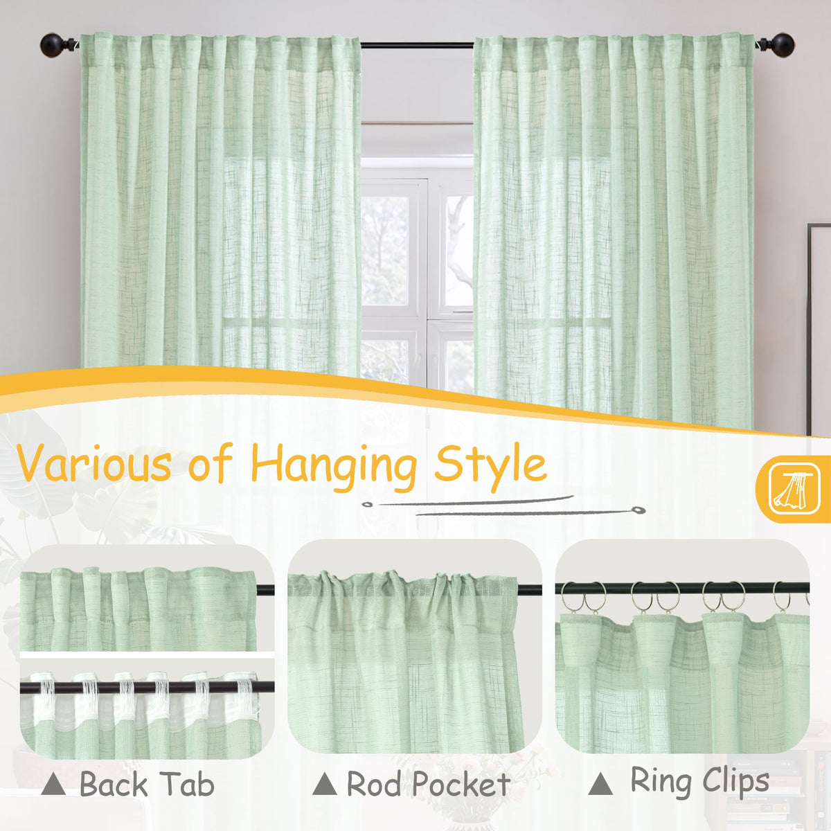 Light Green Linen Semi Sheer Curtains 40 Inch Length for Kitchen Window (2 Count)