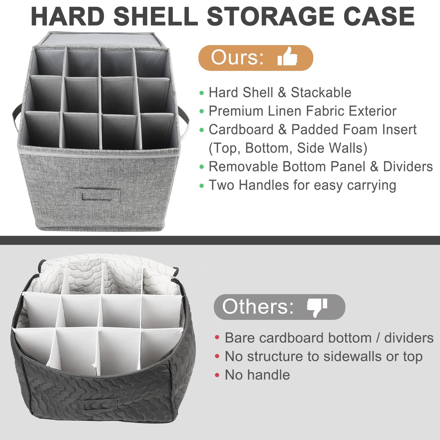 LotFancy Champagne Flute Storage Container, Hard Shell, Stackable, 12" Tall Wine Glass Storage Box with Dividers & Handles, Stemware, Crystal Glassware, Drinkware Case for Moving, Grey