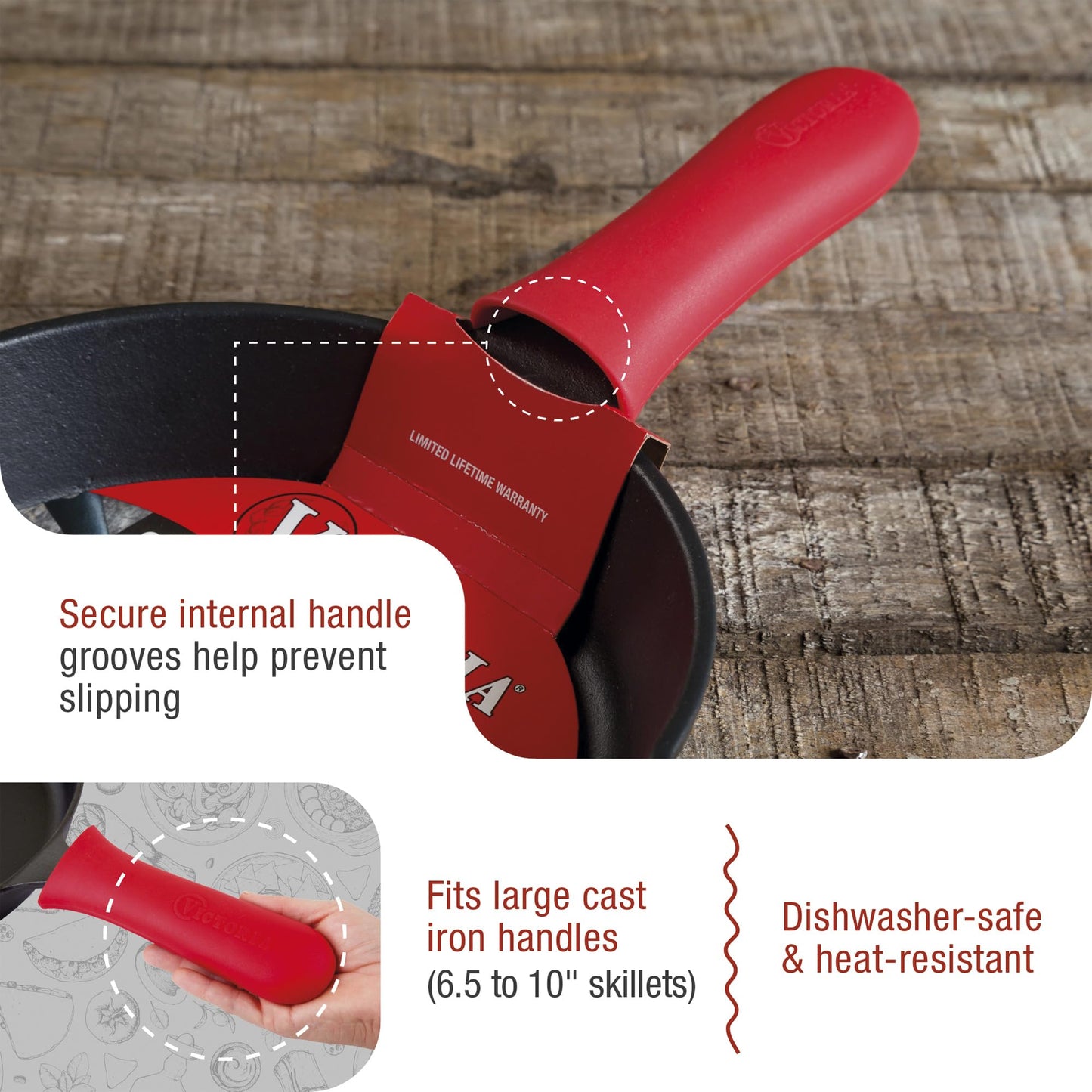 Victoria Silicone Handle Cover, Custom-Made Handle Sleeve for 6.5 and 8 Inch Victoria Cast Iron Skillets, Small, Red