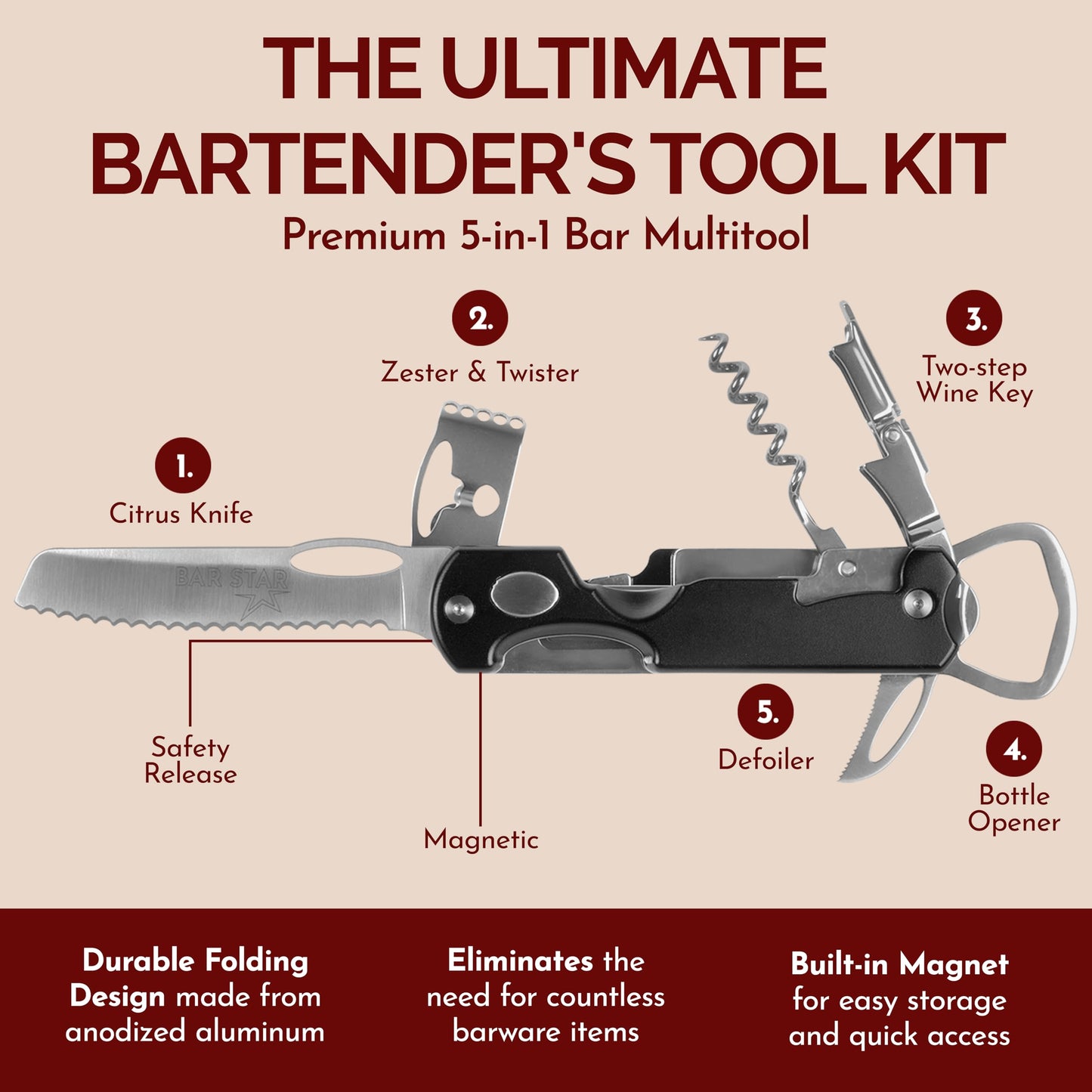 Bar Star Bartender's All-in-One Bar Tool Set: Corkscrew, Zester, Citrus Knife and Bottle Opener Kit with Magnet for Picnics, Tailgating, BBQs, Camping, Travel, Beach Parties and Bartending, Black
