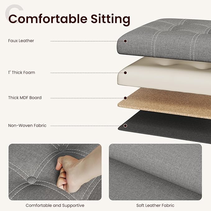 YOUDENOVA 15 inches Storage Ottoman Cube, Foldable Storage Boxes, Padded Seat for Dorm Living Room, Support 300lbs, Line Fabric Grey