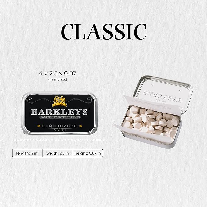 Barkleys Liquorice Breath Mints - Strong Licorice Flavored Cool Mint Candy For Party, After Dinner, Wedding, Every Day Use - Vegan Breath Mints In Reusable Classic Travel Tins, 6 Pack - 50 Count Each