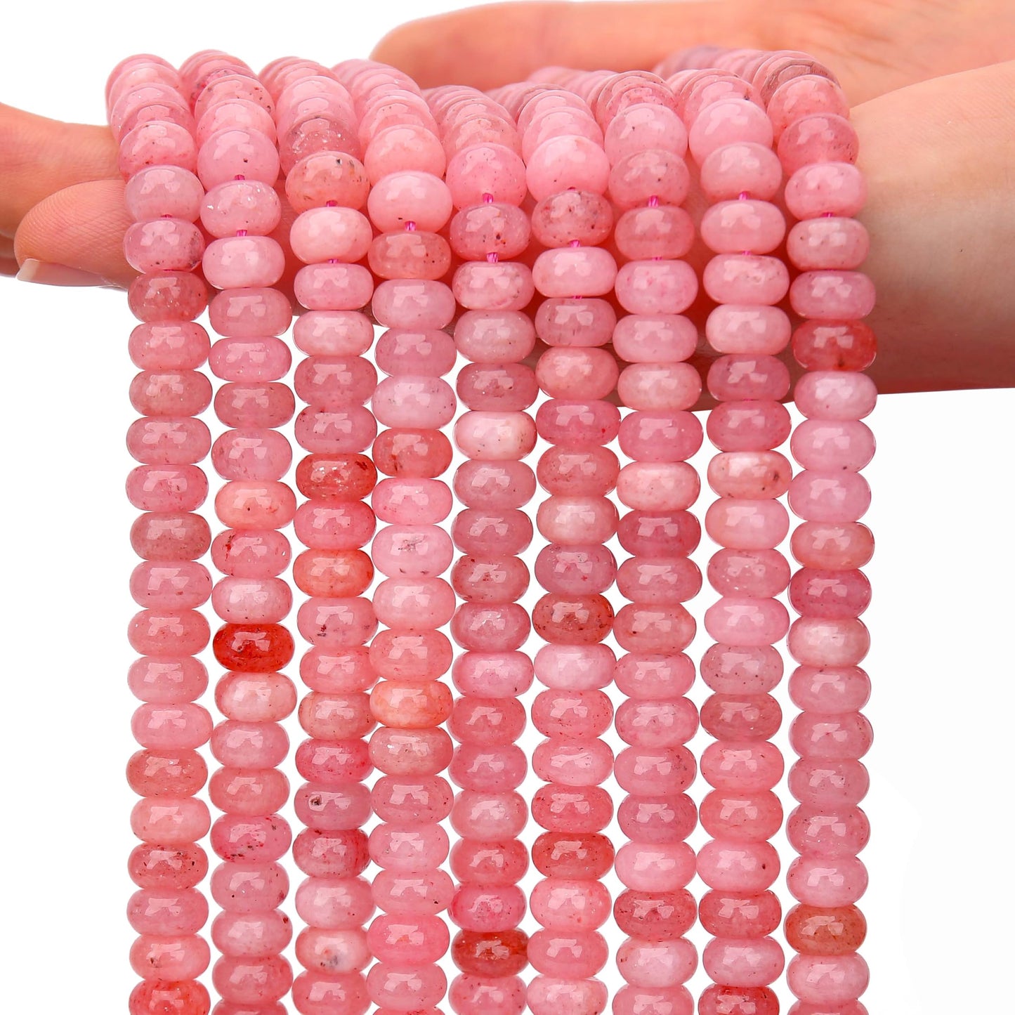 AUREHEN 2 Strands (150PCs) Pink Jade Rondelle Beads, 5 * 8mm Gemstone Loose Spacer Abacus Disk Beads for DIY Bracelet Necklace Earrings Jewelry Making, Craft Supplies Beading Kit