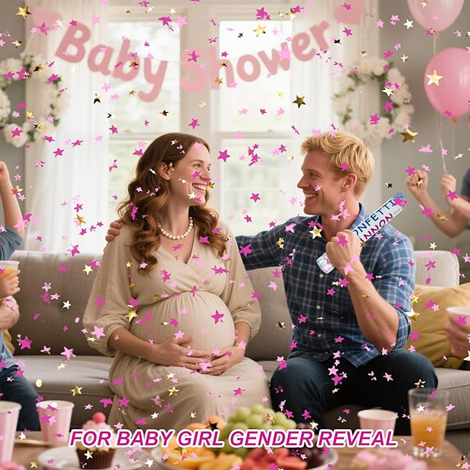2 Pack Gender Reveal Confetti Cannon, 12 in Pink Star shaped Paper Party Poppers Cannons, Confetti Poppers For Baby Girl Gender Reveal Baby Showers (Star, Pink)
