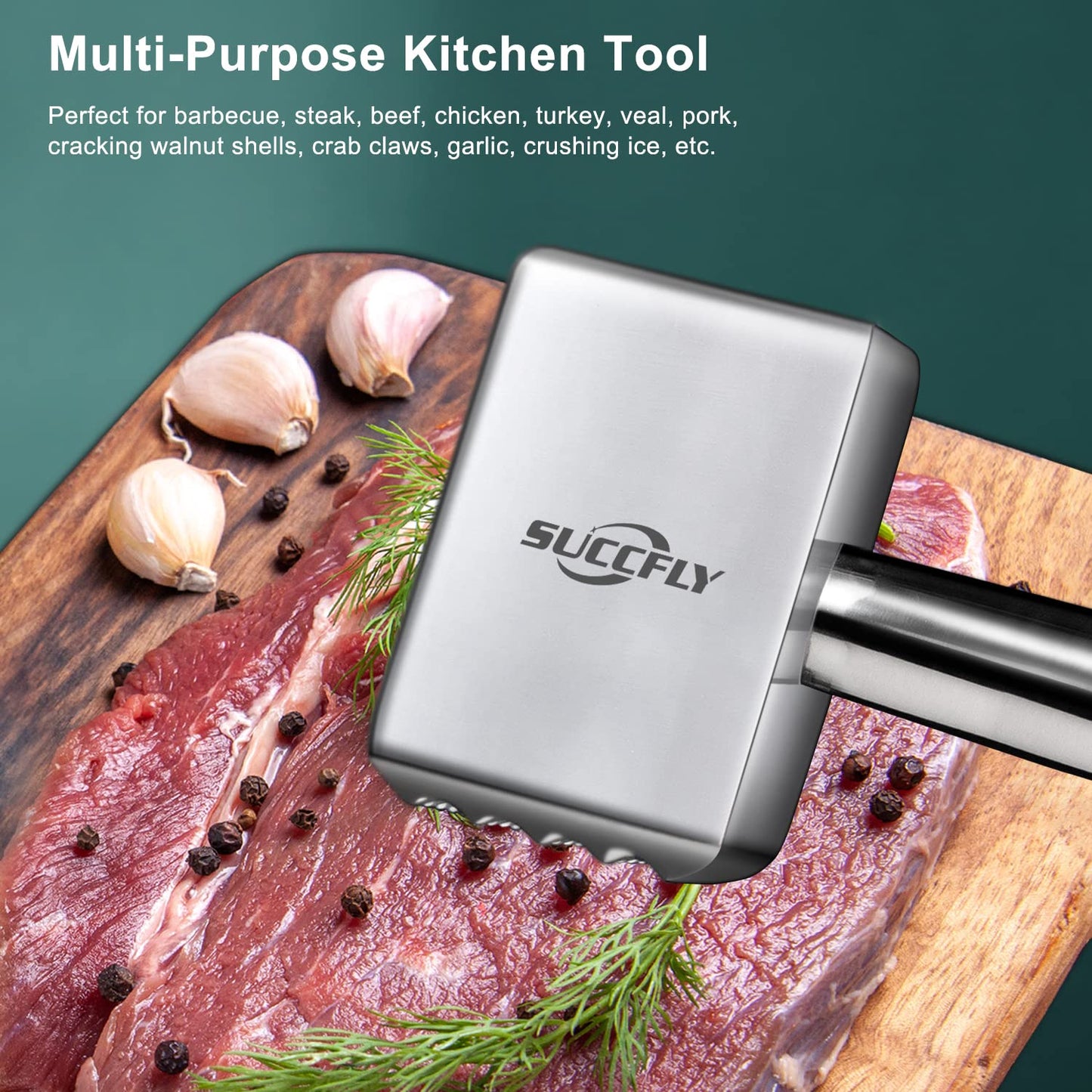 SUCCFLY Meat Tenderizer Stainless Steel, Heavy Duty Meat Hammer, Kitchen Meat Mallet 1.65LB Meat Pounder Flatterner Weighted Hammer Extended Handle for Labor-saving Chicken Steak Meat Tenderizer Tool