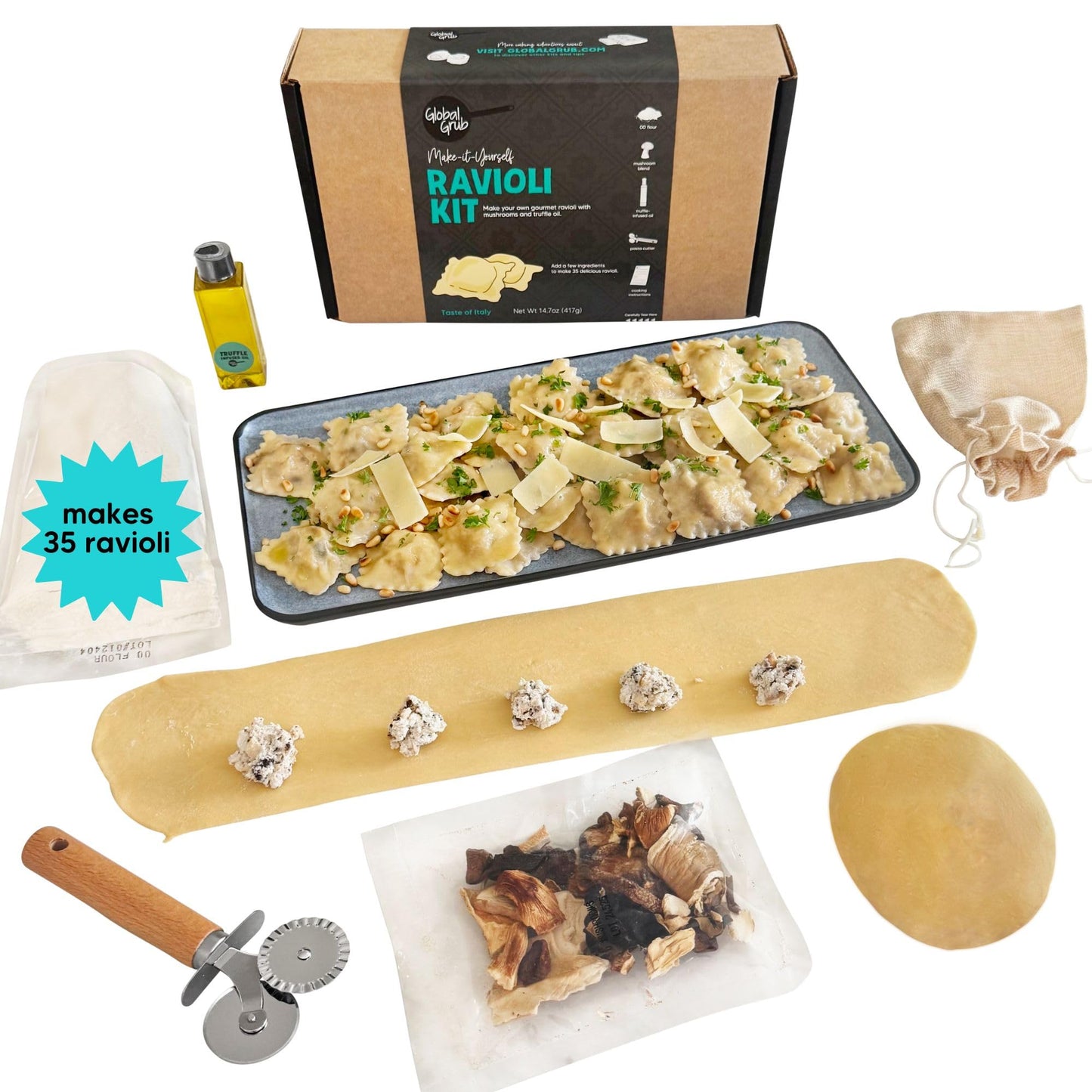 Global Grub DIY Ravioli Making Kit – Make Your Own Pasta Kit at Home • Includes 00 Flour, Gourmet Mushrooms, Truffle-Infused Oil and + Pasta Cutter Wheel • Gourmet Pasta Gift