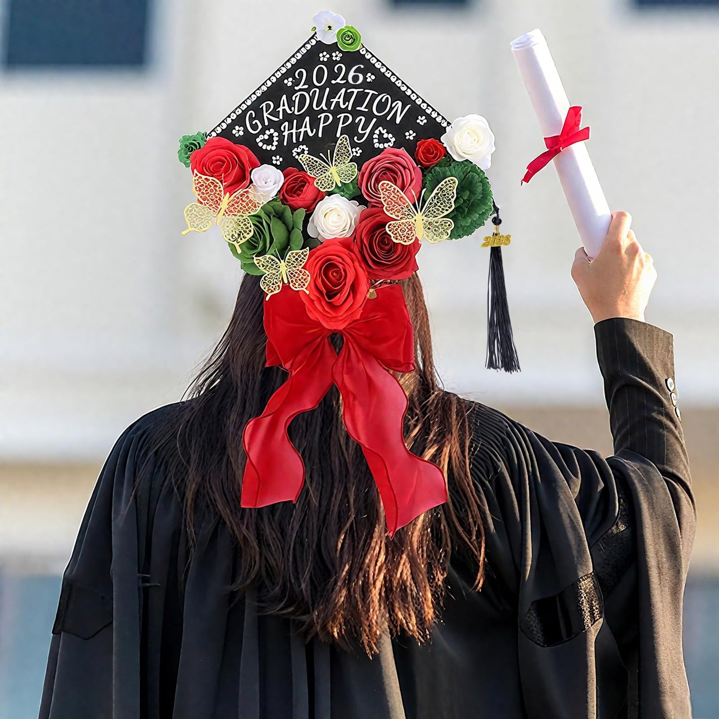 Jollyboom Graduation Cap Decorations Kit Red Green, 2026 Graduation Cap Decorations Mexican Cap Topper DIY Craft Flowers Butterfly Stickers Red Bow Trim Gold 2026 Pendant for Graduation Cap DIY