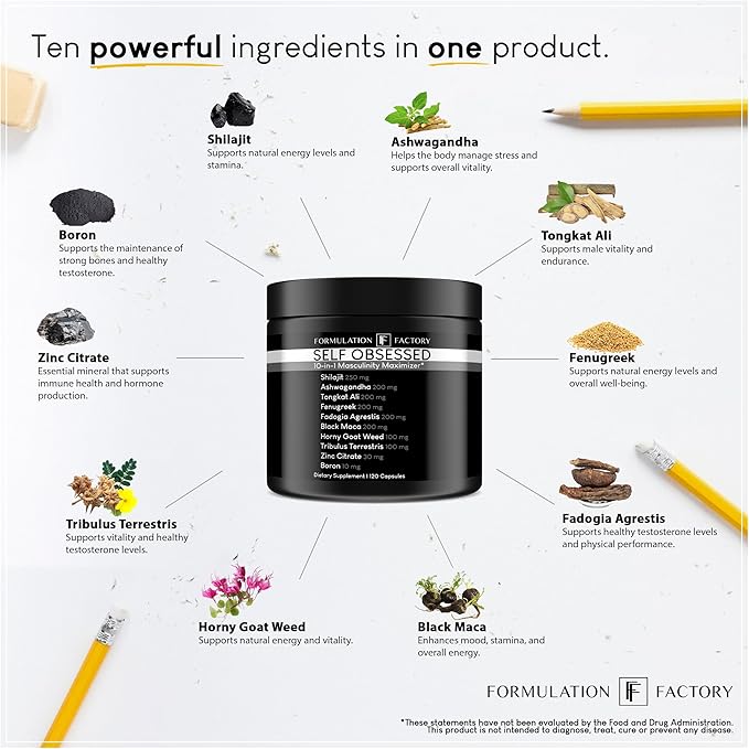 Self Obsessed 10 in 1 Masculinity Maximizer Supplement, Shilajit for Men, Tongkat Ali, Ashwaganda, Fenugreek & More, Muscle Growth, Energy Management, Strength, Recovery 4-Month Supply (Pack of 2)