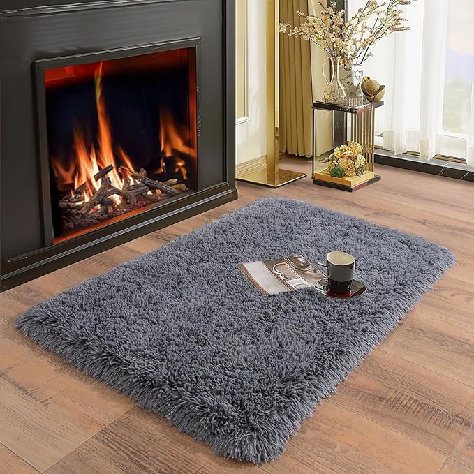 Ultra Soft Runner Rugs for Bedroom Hallways with Upgraded Non-Slip Rubber Backing & Thick Memory Sponge, 2 Packs 2x3 Feet Fluffy Shag Throw Area Rug for Bedside Dorm Dark Grey