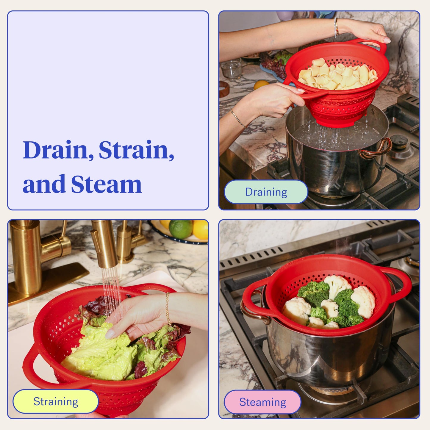 GIR Collapsible Colander for Kitchen, Silicone Strainer and Steamer, BPA-Free, Heat-Resistant, Space-Saving Collapsible Strainer with Stainless Steel Rim, Dishwasher Safe - Red