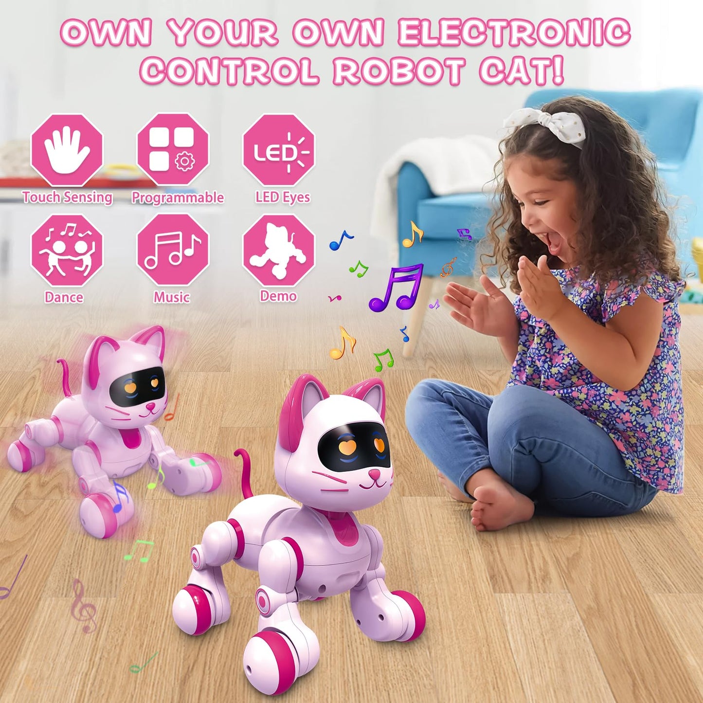 Hitish Remote Control Robot Cat, Programmable RC Smart Cat with Touch Sensing, LED Eyes Dance & Music Walking Pets STEM Toys Gifts for Kids Girls Boys