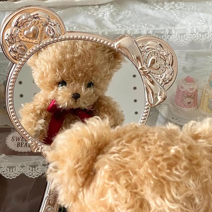 Flower Knows The Sweetie Bear Hand Mirror,Vintage Portable Handheld Mirror,Fancy & Pretty Princess Mirror with Long Handle,Gift for Girls(Carmal Brown)