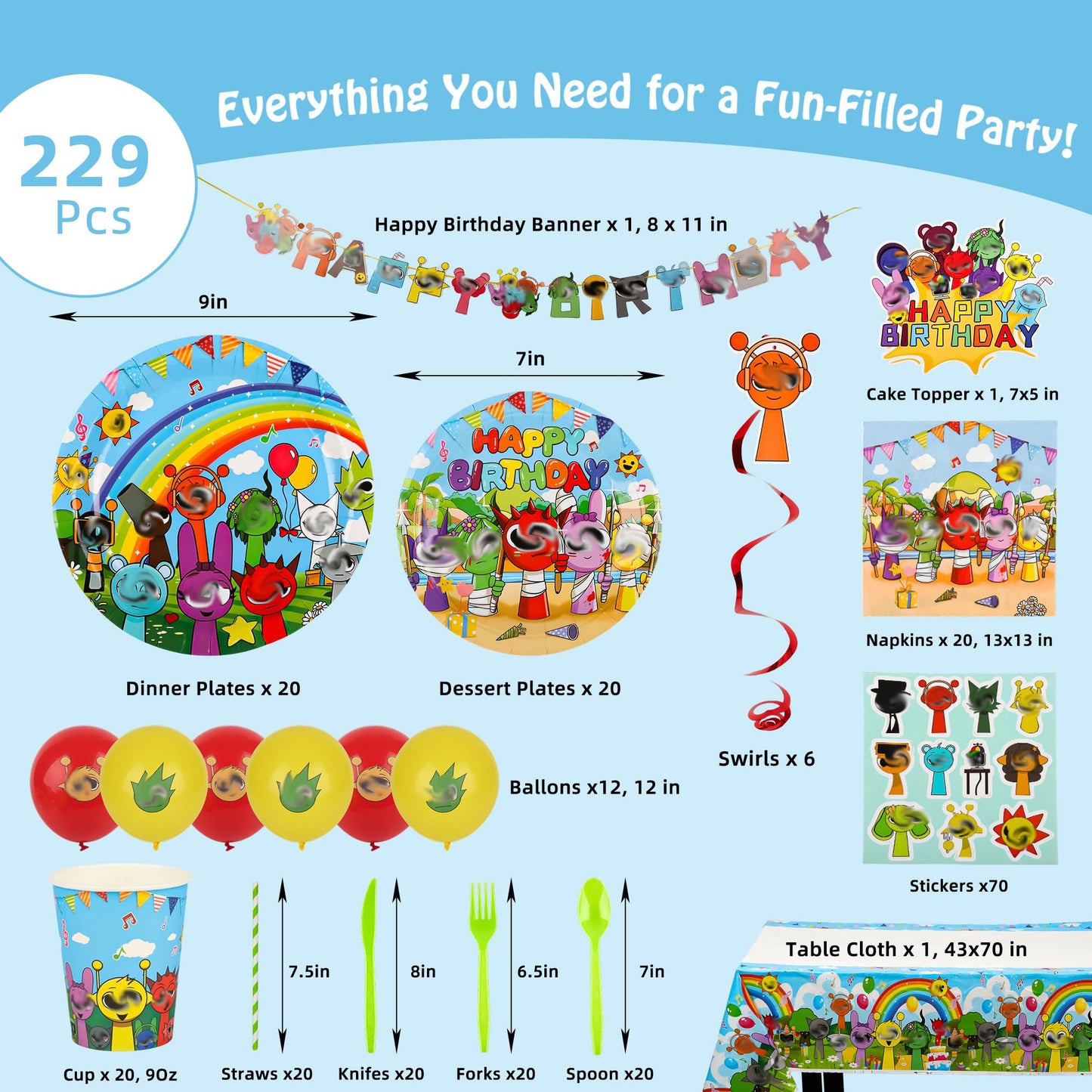 DUMBI 229 PCS Birthday Party Supplies Set – Complete Birthday Decorations with Balloons, Banner, Tablecloth, Cake Toppers, Stickers & Backdrop – Fun Decorations for Kids & Fans