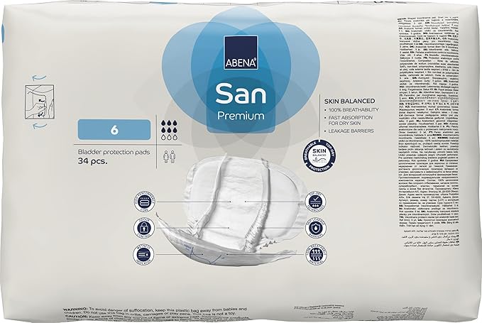 Abena San Premium Incontinence Pads, Moderate Absorbency, (Sizes 4 to 7), Size 6, 34 Count