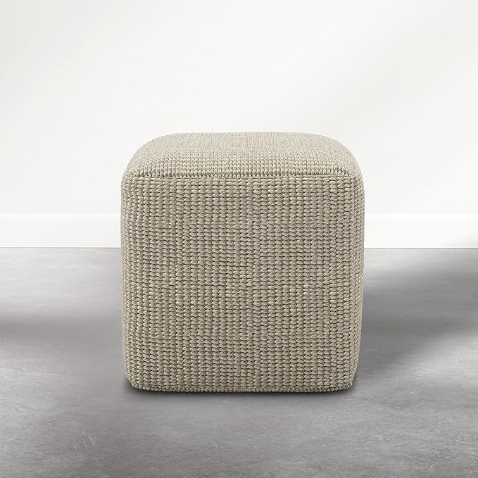 SIMPLIHOME Zelma Square Pouf – 18 inch Wide Upholstered PET Polyester Ottoman in Dune Beige, Boho Indoor/Outdoor Footstool or Extra Seating for Living Room or Patio, Assembled