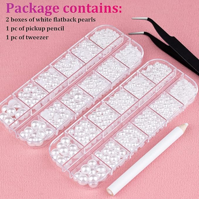 Belleboost Flat Back Pearls Kits 2 Boxes of Flatback White Half Round Pearls with Pickup Pencil and Tweezer for Home DIY and Professional Nail Art, Face Makeup and Craft