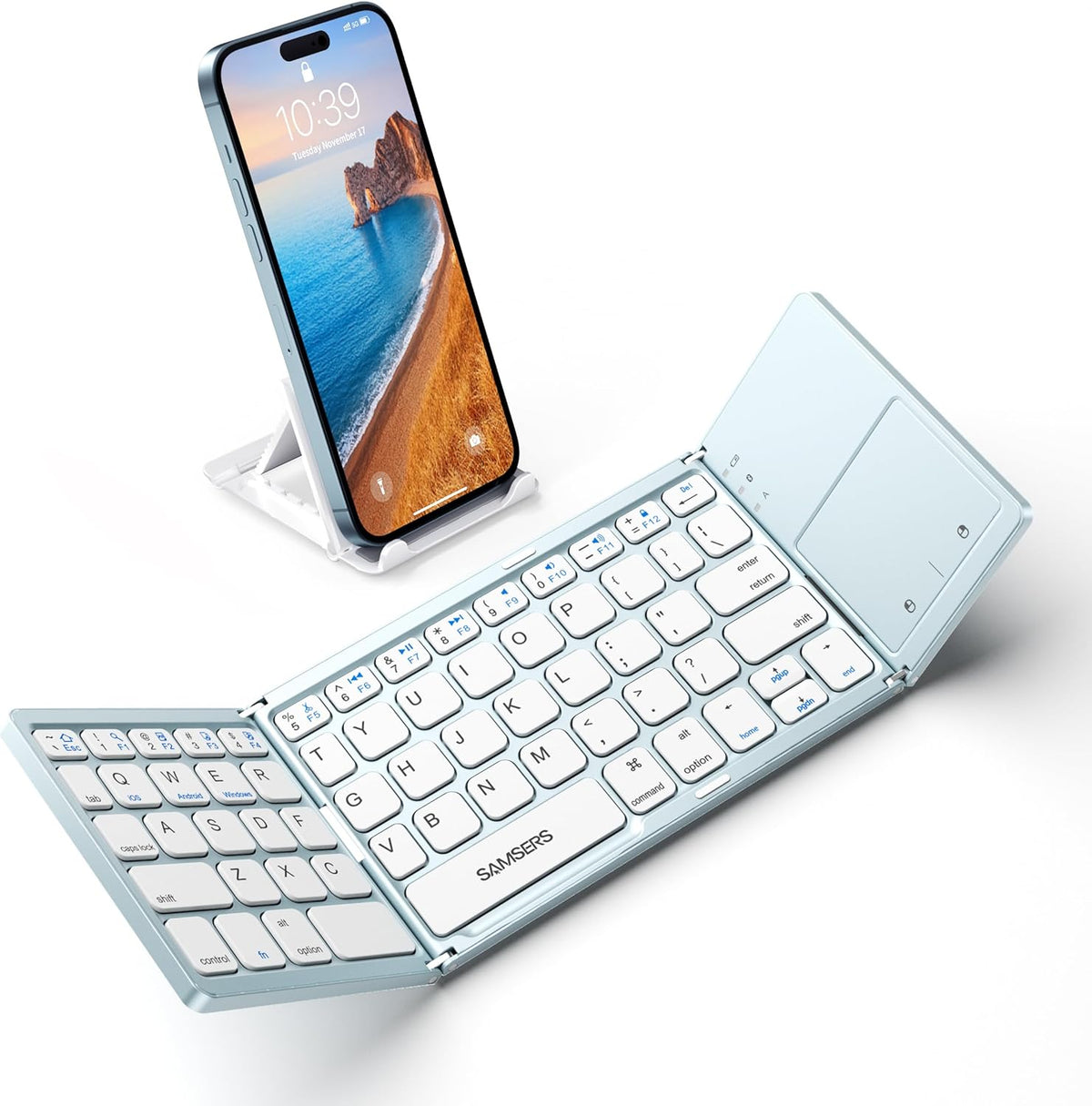 Samsers Foldable Bluetooth Keyboard with Touchpad - Portable Wireless Keyboard with Holder, Rechargeable Full Size Ultra Slim Pocket Folding Keyboards for Android Windows iOS Tablet & Laptop - Blue