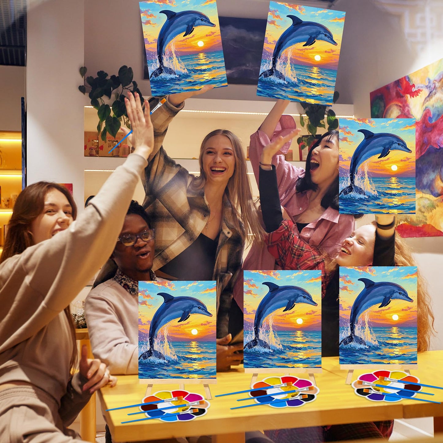 Motipuns 6 Set Pre Drawn Canvas for Painting for Adults Sip and Paint Kit with Easels 8 x 10 Inches Paint Party Kit with Printed Canvas Paints Brushes Palette Apron(Sunset Dolphin)