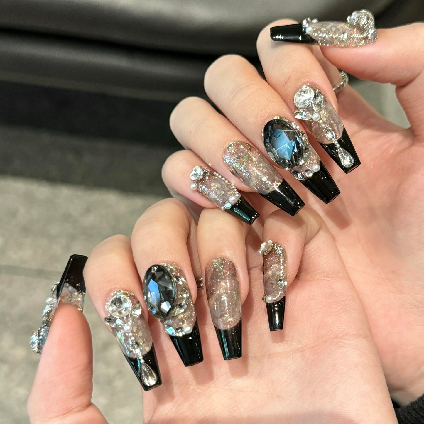 Handmade Press On Nails Long Square Reusable Stick On Fake Nails Luxury Elegant Sexy Style For Women Gift With Nail Glue Black L